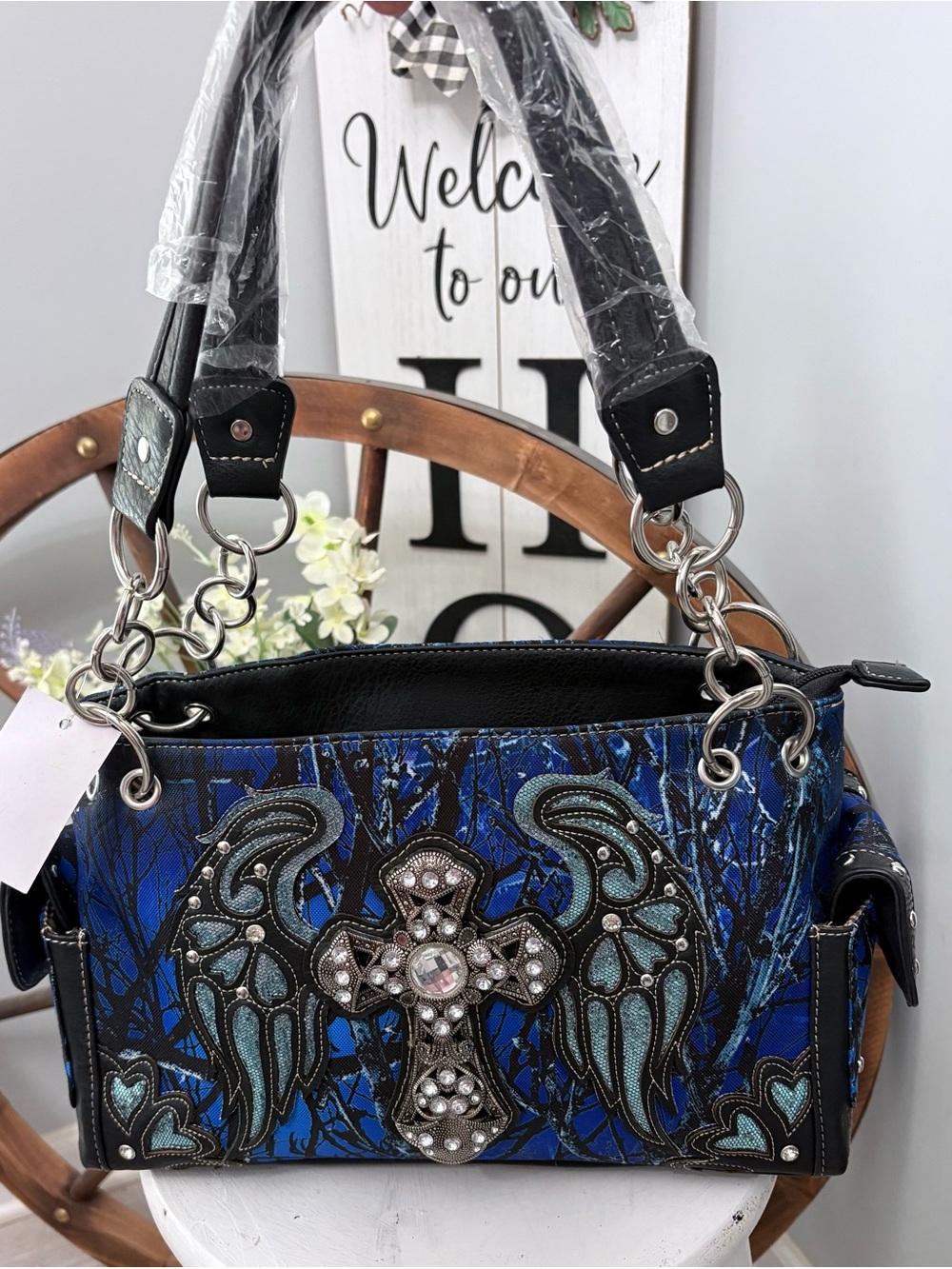 Embellished Wing Cross Tote Bag - Blue NWT